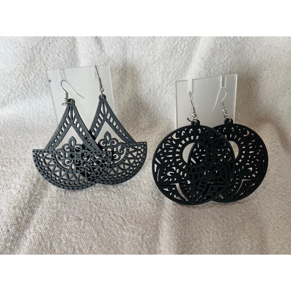 Wooden Earrings Black Laser Cut Boho Filigree Teardrop Round 2 Pair Mandala